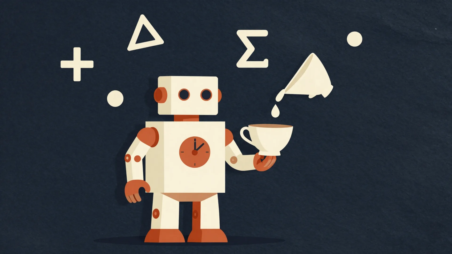A vintage clockwork robot fumbles a tipping teacup while geometric math symbols float effortlessly behind it.